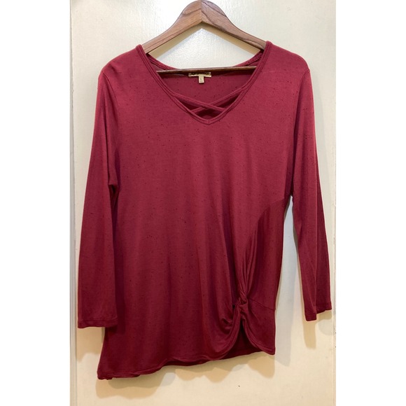 Democracy Tops - Democracy Criss Cross Top Womens L Burgundy Speckled V-Neck Side‎ Knot Boho Soft